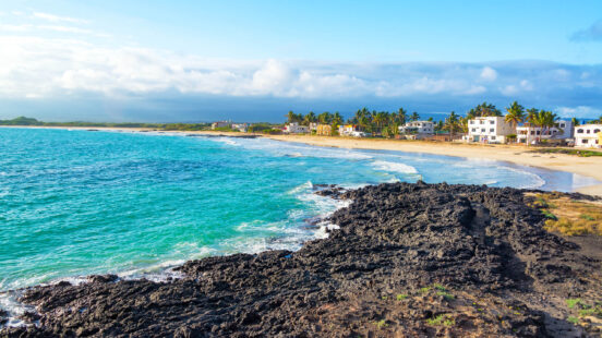 View of the beach in front of Puerto Villamil on Isabela Island in the Galapagos Islands in Ecuador