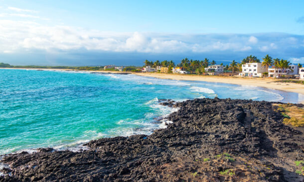 View of the beach in front of Puerto Villamil on Isabela Island in the Galapagos Islands in Ecuador