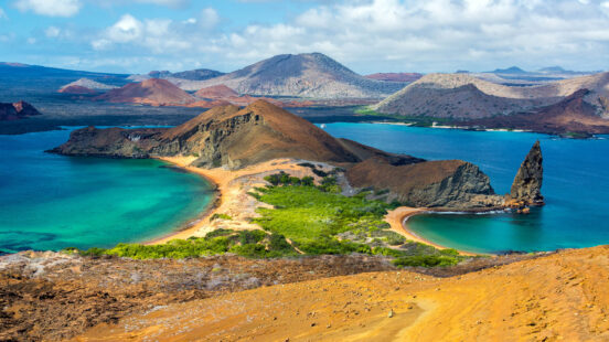 View of two beaches on Bartolome Island in the Galapagos Islands in Ecuador
