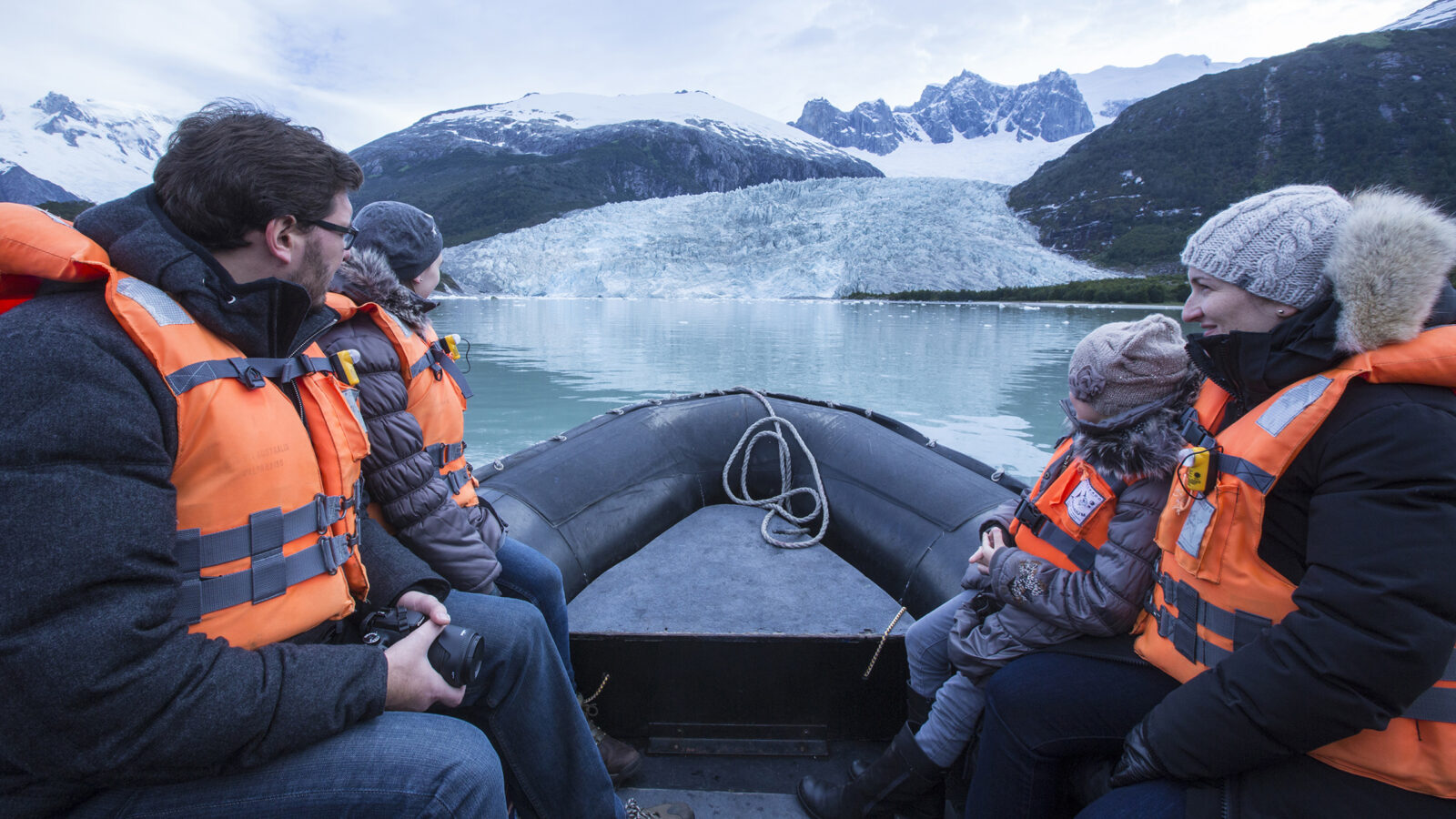 Guests on a Zodiac excursion near glaciers in Patagonia