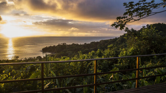 Golden sunset over the ocean viewed through lush green trees from a wooden deck with a metal railing.