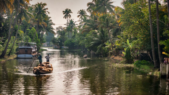 An man sails his canoe in backwaters in an afternoon at Alleppey in Kerala
