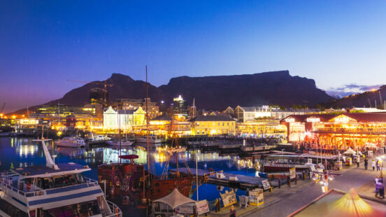 A Waterfront and Table Mountain in Cape Town, South Africa.