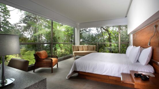 Bedroom interior, Mashpi Lodge, the Cloud Forests, Ecuador