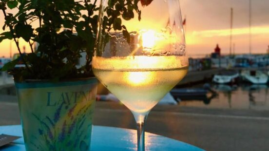 Wine glass, sunset, Casa Nostromo, Piran, Slovenia