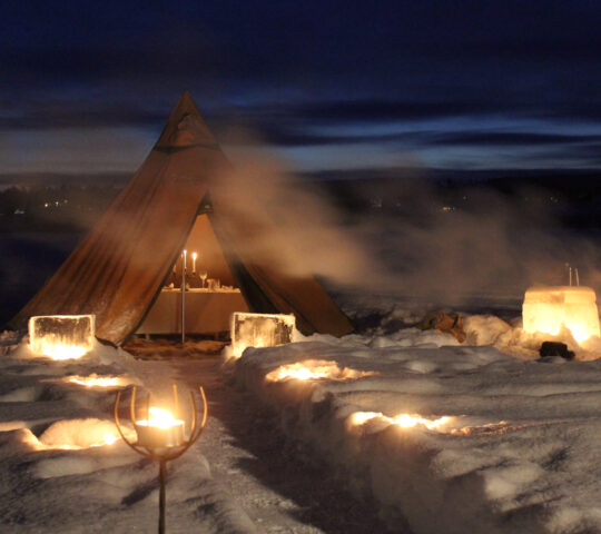 Dining on an ice-covered lake