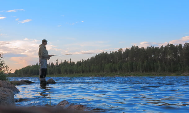 Profile of a person fly fishing in a wide blue river with a dense evergreen forest on the opposite bank at dusk.