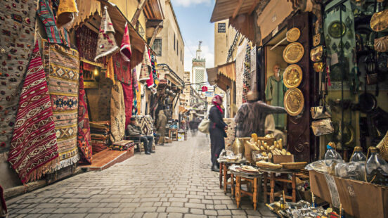 Stalls lining the medina streets of Fez, Morocco.