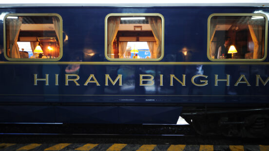 Exterior of Hiram Bingham train through Peru