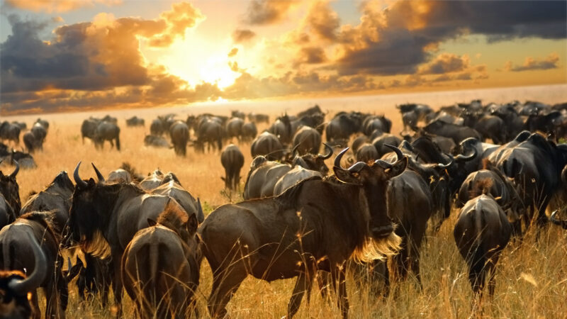 A massive herd of wildebeest gathered in a field of tall grass with the sun setting behind dark clouds.