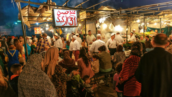 Jemaa el fna square, the famous night food market in the centre of Marrakeshx27;s Medina, Morroco, West Africa.