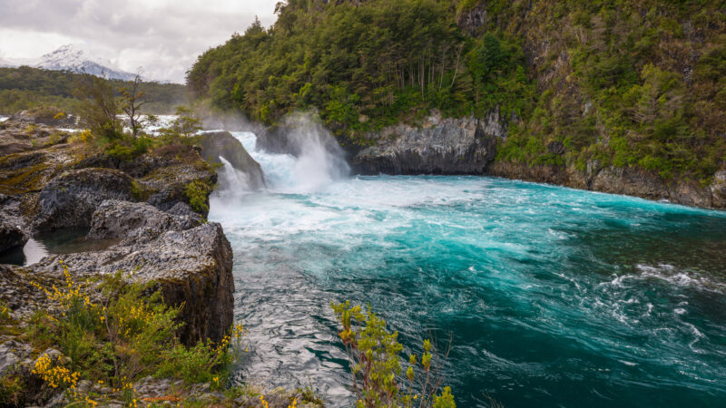 A waterfall cascades over black rocks, rushing into a vibrant turquoise blue pool surrounded by a green forest.