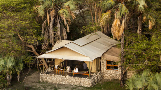 A large tan safari tent built onto a stone base surrounded by palm trees and lush green foliage.