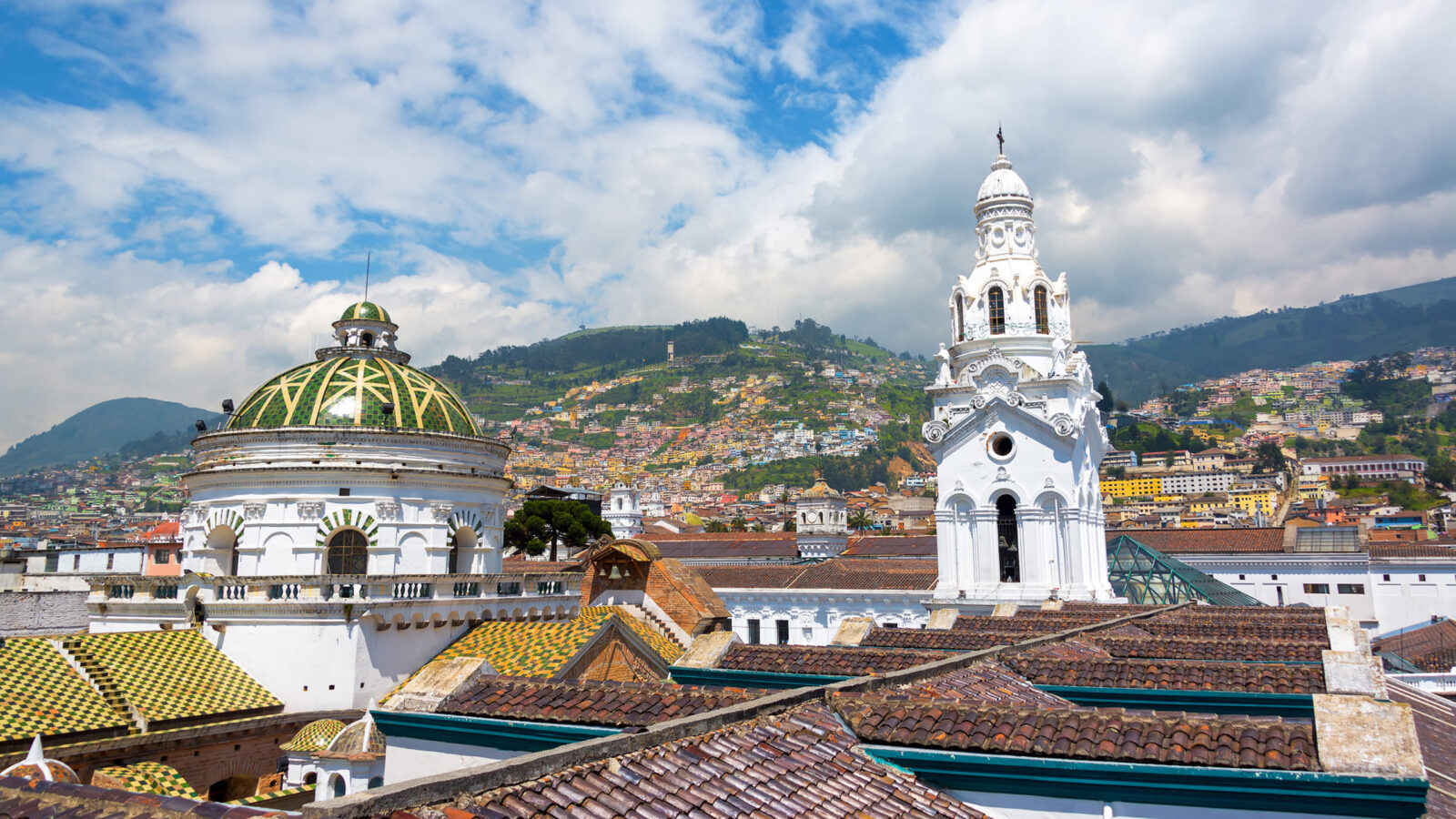 View from the roof of the cathedral with populated hills visible in the background in the historic colonial center of Quito, Ecuador