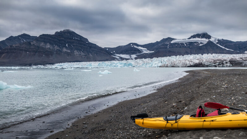 Kayak campsite near glacier front in Svalbard