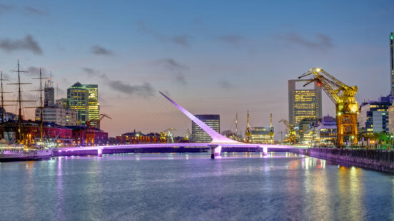 Puerto Madero and the Puente de la mujer in Buenos Aires, Argentina, at sunset
