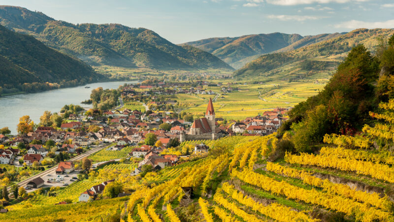 Weissenkirchen Wachau Austria in autumn colored leaves and vineyards on a sunny day