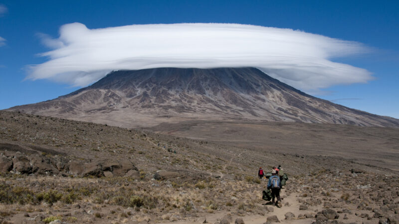 A group of porters passing through The saddle area on Rongai Route, Kilimanjaro