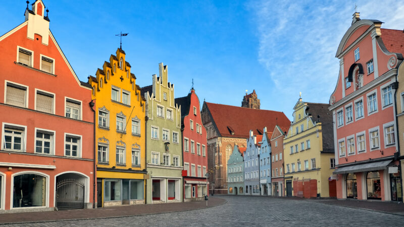 Picturesque medieval gothic houses in old bavarian town Landshut near Munich, Germany