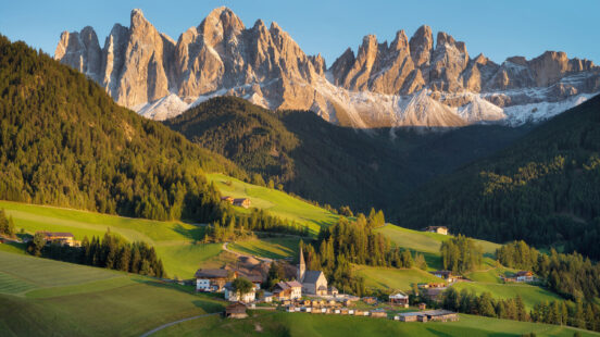 Mountain valley in the Italy alps. Beautiful natural sunset in the summer time