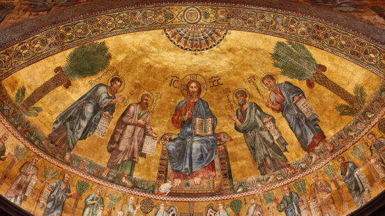 Italy, Rome, February 19/2019, The Papal Basilica of St. Paul outside the walls, Wonderful mosaic of the apse, with Christ and the apostles
