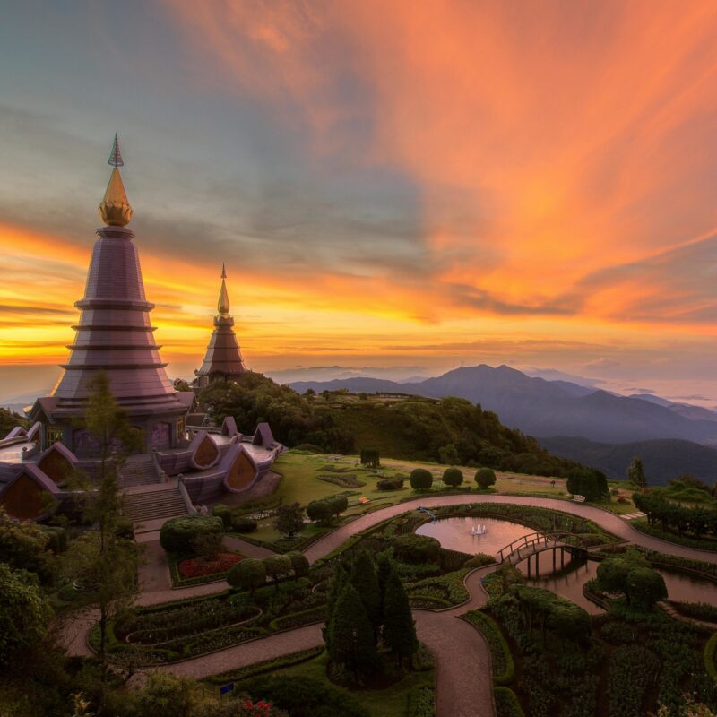 Luxury Thailand Tours -Landscape of Twin pogoda in Doi inthanon mountain with morning sunrise in Chaing Mai.