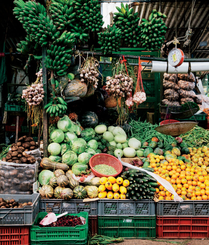 A vibrant display of fresh produce at an outdoor market stall, including bananas, pumpkins, peppers, cucumbers, and citrus fruits, ideal for Luxury Colombia Tours exploration.