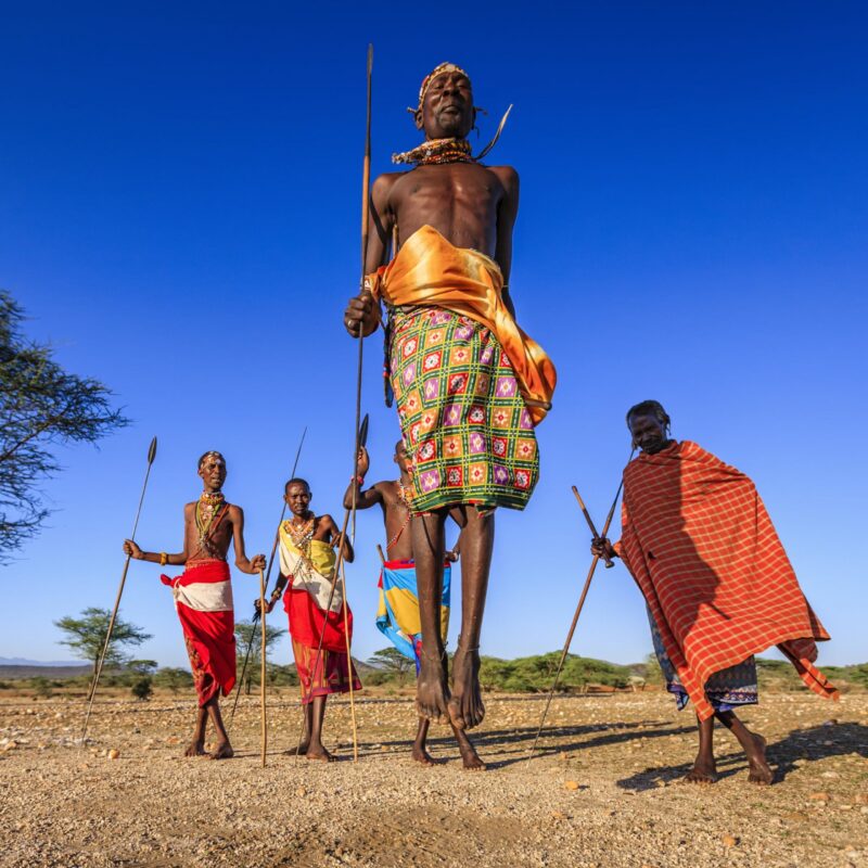 Luxury Kenya Safari Tours - Warrior from Samburu tribe performing traditional jumping dance, Kenya, Africa