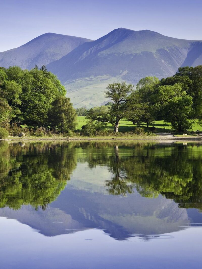 Calm lake reflecting green trees and a large, smooth mountain under a bright blue sky in a pastoral landscape.