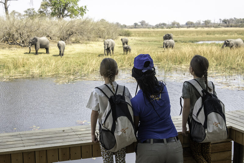 Two children with backpacks and a guide look out at a herd of elephants across a river.