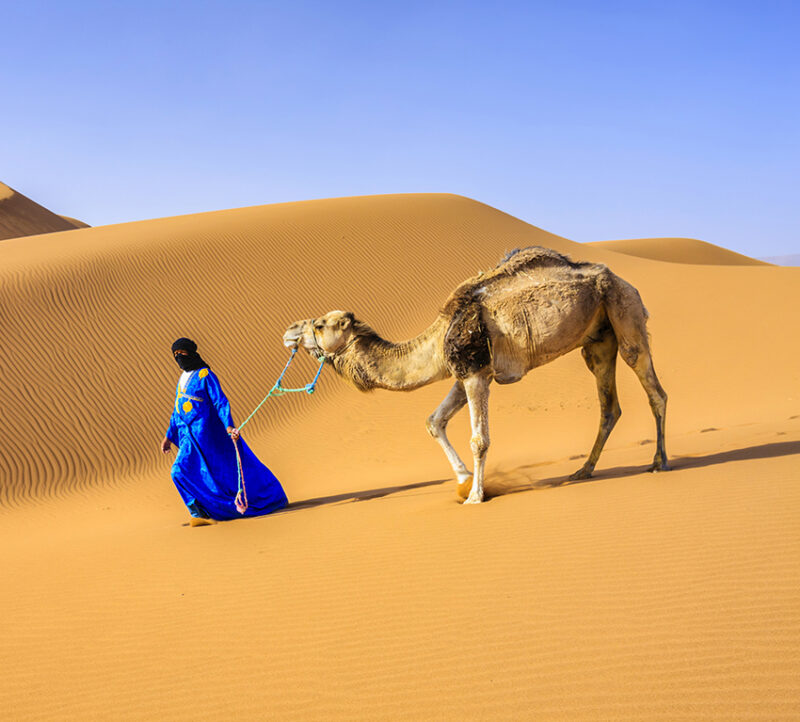 Young Tuareg with camel on Western Sahara Desert in Africa on a luxury Morocco vacation