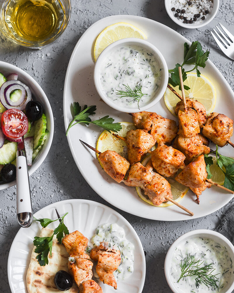 Luxury Greece Tours - Yogurt marinated grilled chicken skewers with vegetables and tzatziki