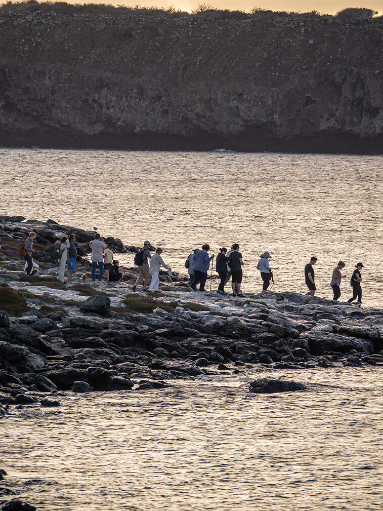 A group of tourists walking along a rocky coast during luxury Galapagos family trips.