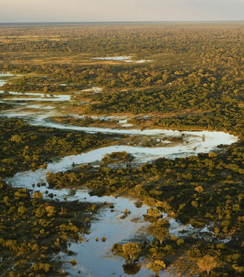 Aerial view of a winding river at golden hour on luxury Okavango Delta safaris.