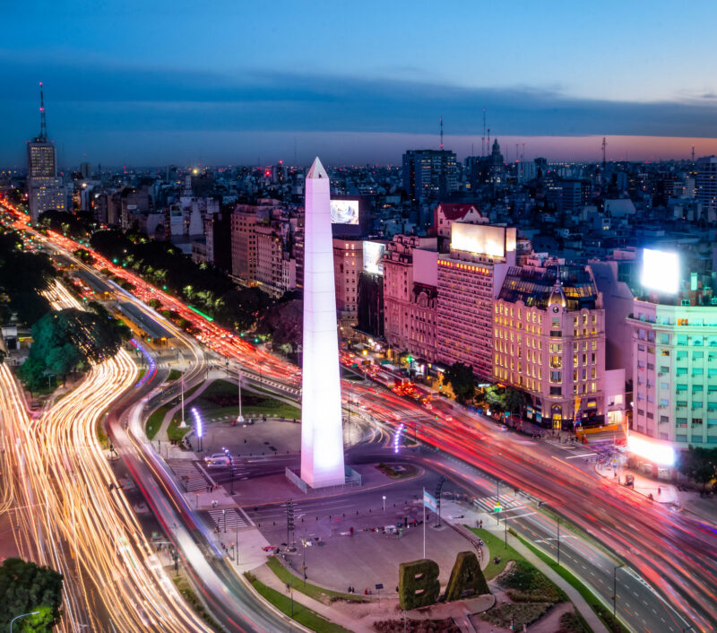 Jacada Buenos Aires - Aerial view of Buenos Aires city with Obelisk and 9 de julio avenue at night - Buenos Aires, Argentina