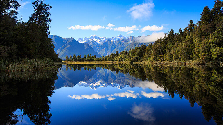 Symmetric mountain reflection on a mirror-like lake with green forests for luxury grand tours.