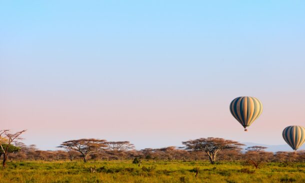 Two hot air balloons fly over a wide grassy plain with scattered trees under a pale blue and pink sky.