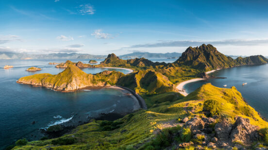 Top view of x27;Padar Islandx27;, a dramatic spit of mountainous land and arched sandy coves, in a morning from Komodo Island