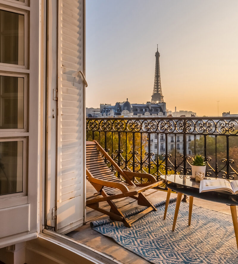 View of the Eiffel Tower from a hotel balcony