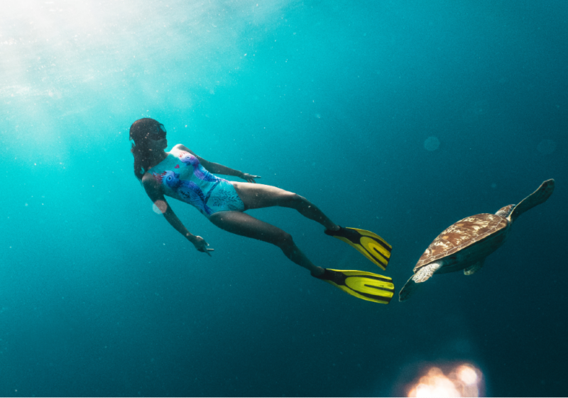 A swimmer gliding alongside a hawksbill sea turtle in clear ocean light off the Seychelles coast.