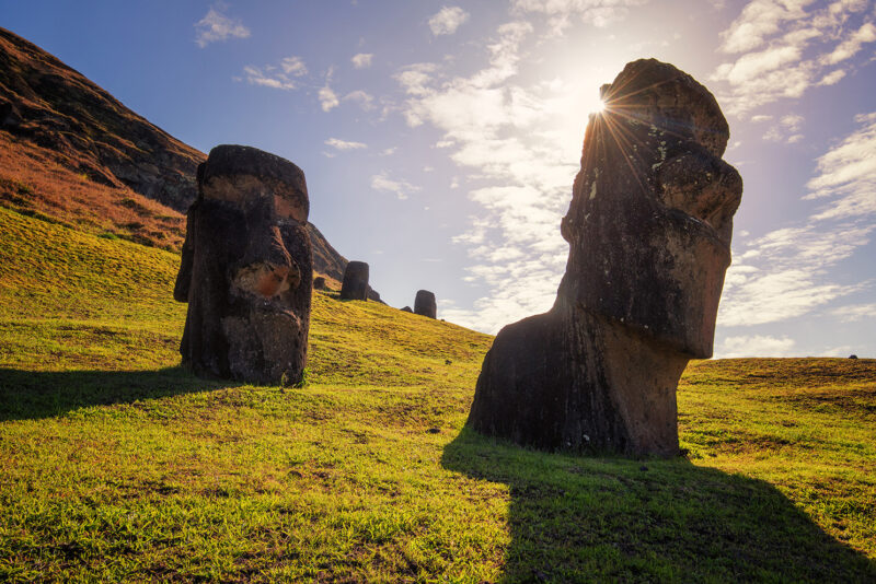 Large stone carvings on Easter Island on luxury latin America holiday