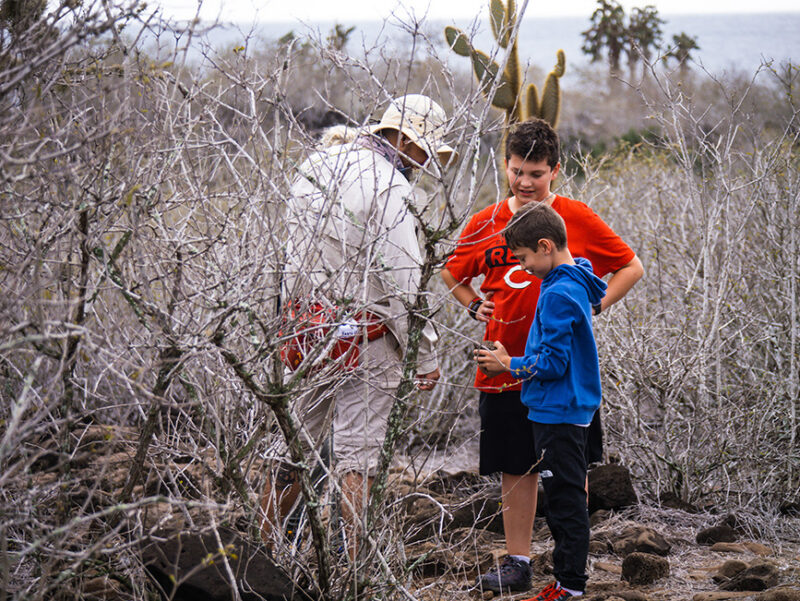 A guide and two children explore a dry shrubland environment on luxury Latin America family holidays.