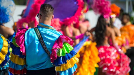 Back view of a person in a blue and multicolored ruffled costume at a carnival with other dancers.