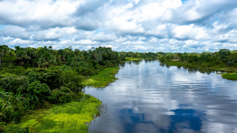 A wide river winds through the dense Peruvian Amazon canopy