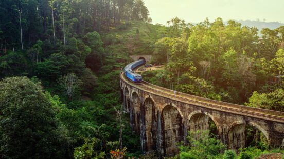 A blue passenger train travels across a tall, stone arched railway bridge in a dense green forest.