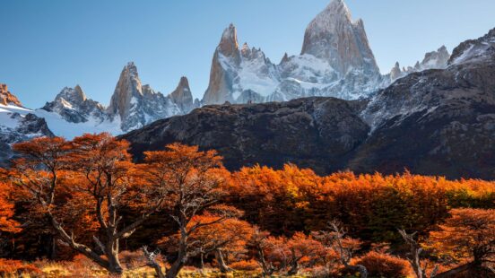 Jagged granite peaks rise behind a dense forest of vibrant orange trees during the autumn season.