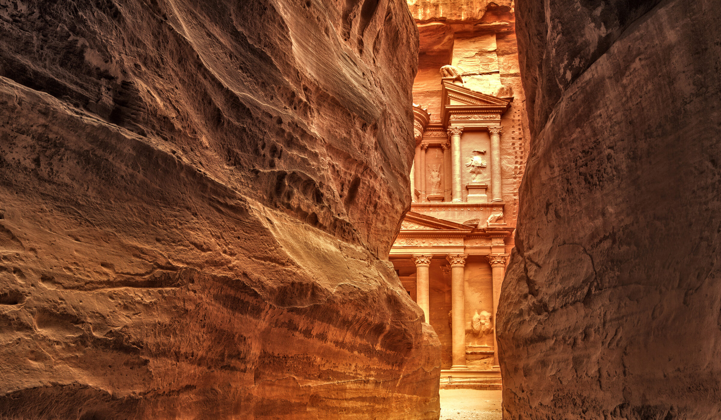 View of Sig in Petra, Jordan, from between the two red rock faces at the entrance