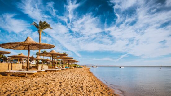 A row of straw beach umbrellas and sunbeds on a sandy shore next to calm, clear water.