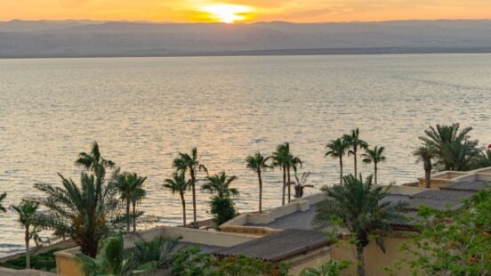 A golden sunset over a large body of water with palm trees and rooftops in the foreground.