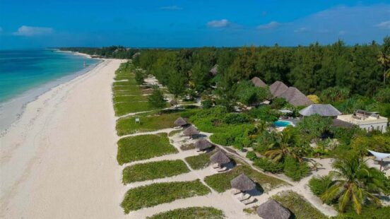 High-angle view of a pristine white beach meeting turquoise water, bordered by a line of palm trees and coastal huts.